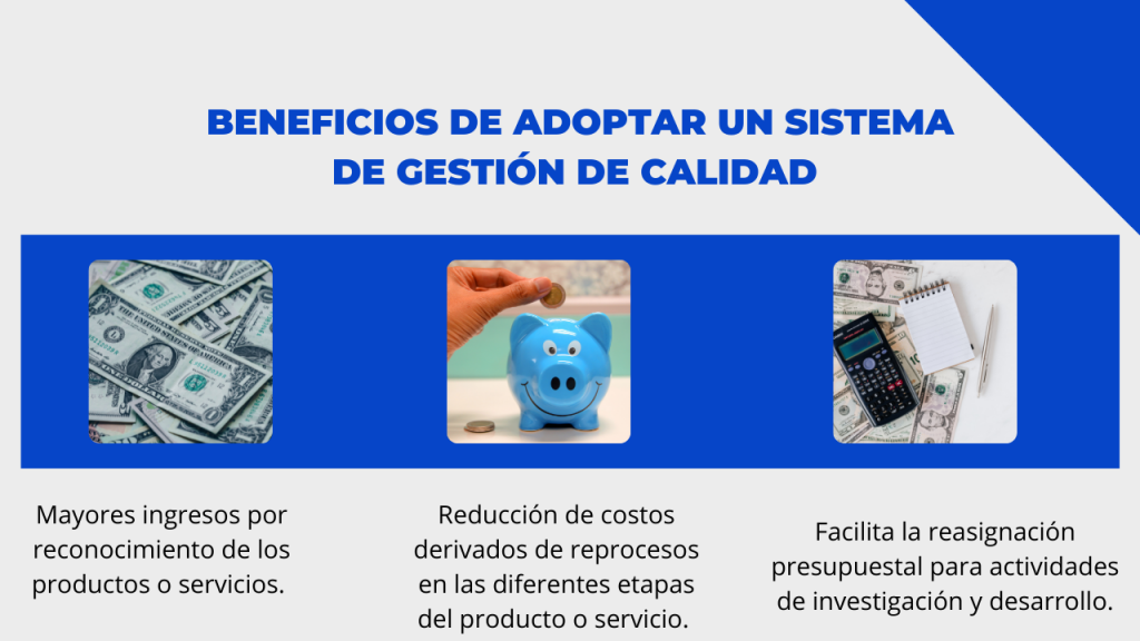 Beneficios de adoptar un sistema de gestión de calidad:
Mayores ingresos por reconocimiento de los productos o servicios
Redcción de costos derivados de reprocesos en las diferentes etapas del productos o servicios
Facilita la reasiganción presupuestal para actividades de investigación y desarrollo