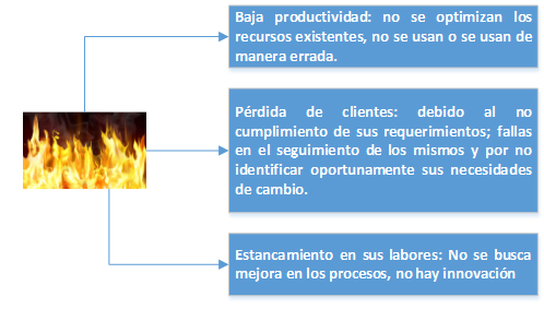 Baja la productividad: no se optimizan los recursos existentes, no se usan o se usan da manera errada.
Perdida de clientes: debido al no cumplimiento de sus requerimientos; fallas en el seguimiento de los mismos y por no edintificar oportunamente sus necesidades de cambio