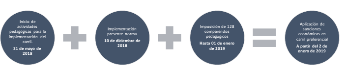 Inicio de actividades padagogicas para la implementación del carril
Implementación presente normal 10 de noviembre de 2018
Imposición de 128 sanciones en carril preferencial a partir del 2 de enero de 2019