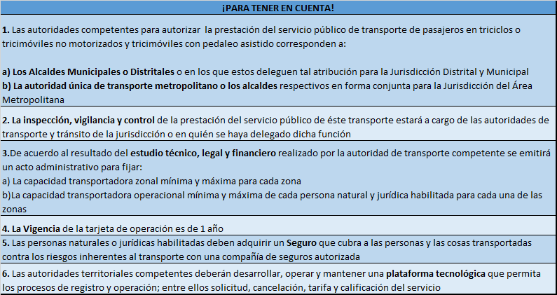 Para tener en cuenta, las autoridades competentes para autorizar la prestación del servicio público de transporte de pasajeros de triciclos o tricimóviles no motorizados y tricimóviles con pedaleo asistido.
