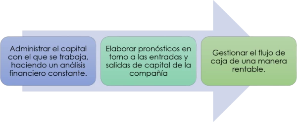 administrar el capital, con el que se trabaja, haciendo un analisis, financiero constante: elaborar pronosticos en torno a las entradas y salidad de capital en la compañia, gestionar el flujo de caja de una manera rentable